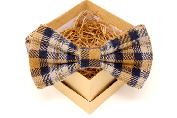 Gold & Navy Plaid Flannel Bow Tie