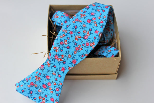 Blue Floral Cotton Bow Tie