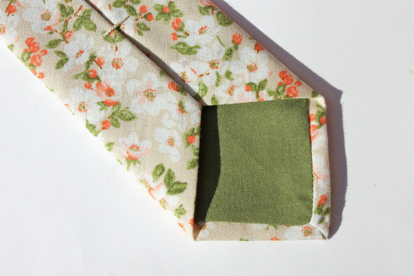 Beige and Green Floral Skinny Tie