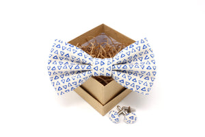Blue and White Triangle Bow Tie and Cufflinks Set