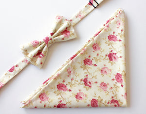 Pink & Cream Floral Bow Tie & Pocket Square Gift Set