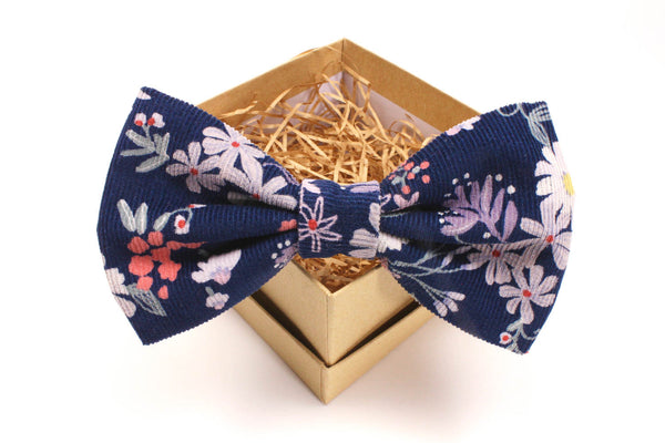 Navy and Purple Floral Corduroy Bow Tie