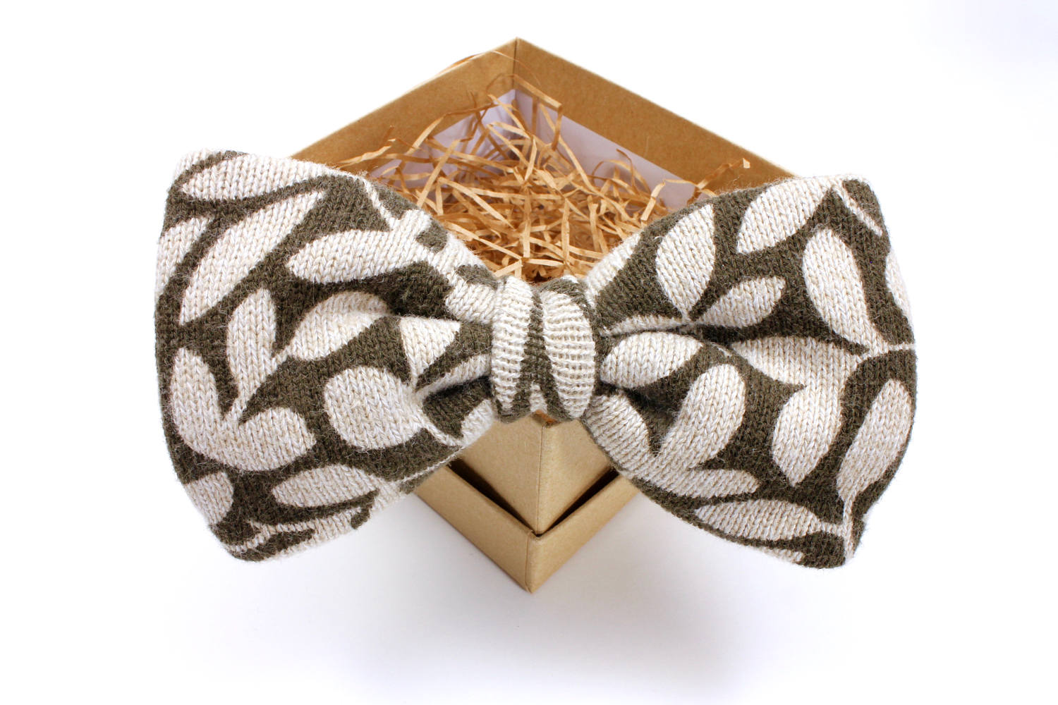Olive and Tan Leaf Print Sweater Bow Tie