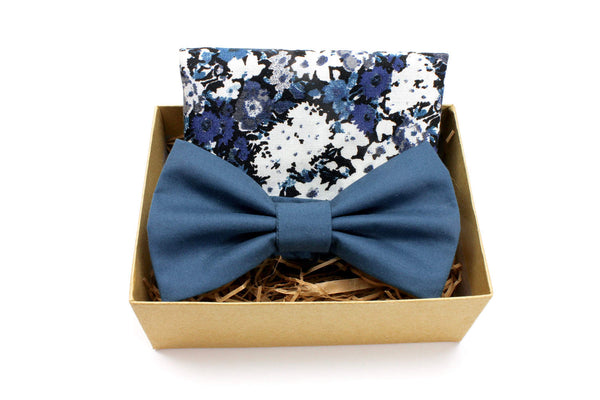 Teal Bow Tie and Blue & Grey Floral Pocket Square Gift Set