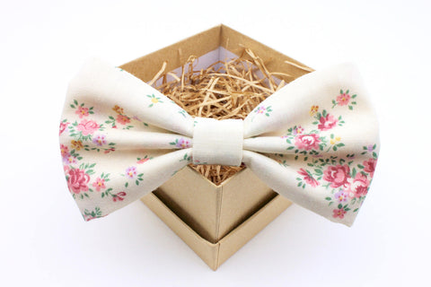 Cream and Pink Floral Bow Tie