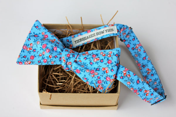 Blue Floral Cotton Bow Tie