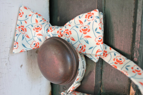 Cream and Orange Floral Bow Tie