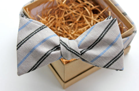 Grey & Blue Striped Bow Tie