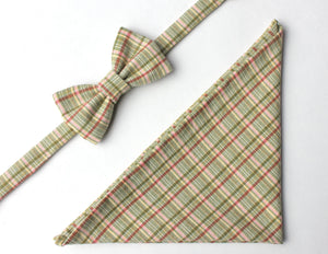 Green Plaid Bow Tie & Pocket Square Gift Set