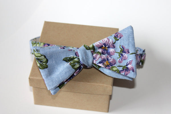 Light Denim and Purple Floral Bow Tie